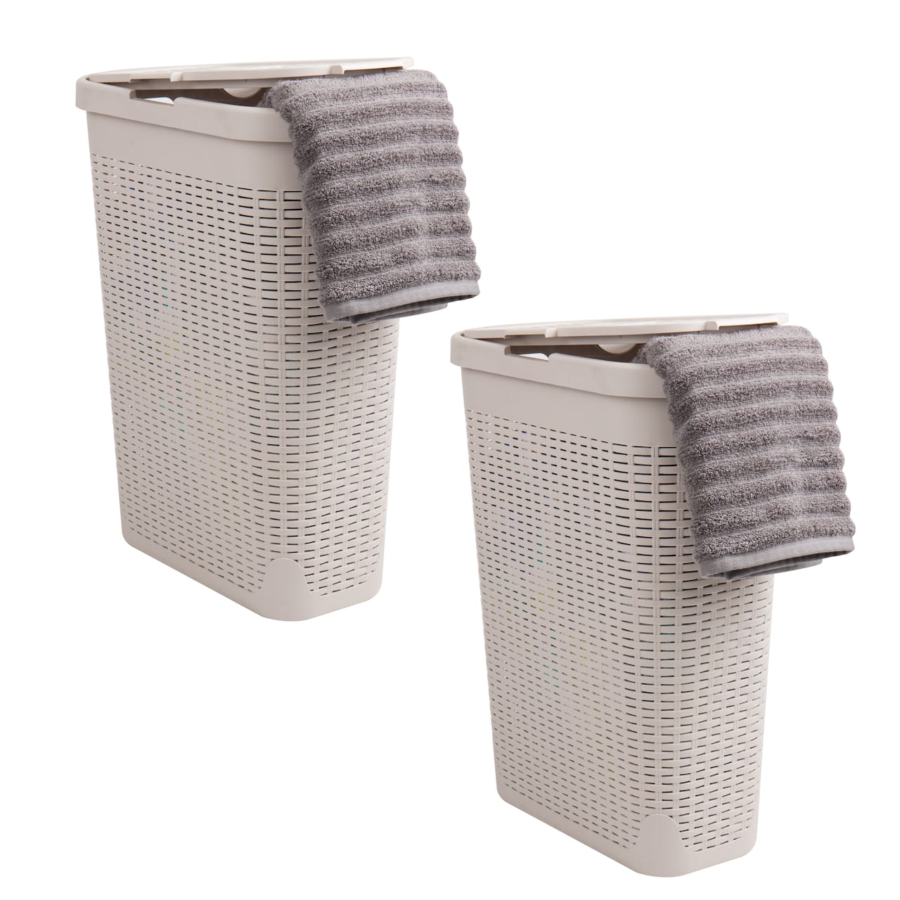 Mind Reader 40L Ventilated Slim Laundry Hamper with Cut Out Handles & Attached Hinged Lid, 2ct.